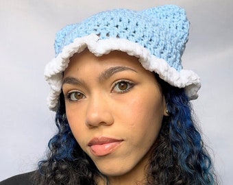 Crochet Blue Cat Ear Beanie with white fur brim -  Crocheted Kitty ear hat