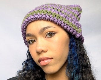 Forest Green and Purple Crochet Striped Cat Ear Beanie, Crocheted Kitty ear hat - Cute Handmade Accessory