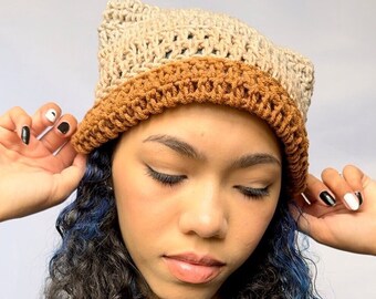 Tan Ombre Cat Beanie - Crochet Striped Cat Ear Beanie, Crocheted Kitty ear hat - Cute Handmade Accessory