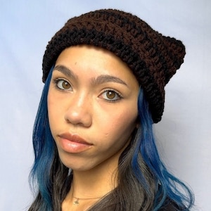 Brown and Black Crochet Striped Cat Ear Beanie, Crocheted Kitty ear hat - Cute Handmade Accessory