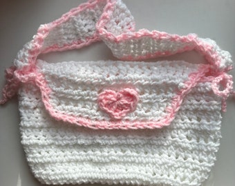 White and Pink crochet messenger bag - Pink Heart shoulder bag - Coquette Purse with Pink bows