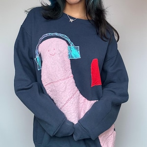 May include: A dark blue sweatshirt with a pink worm wearing headphones and a red heart patch.