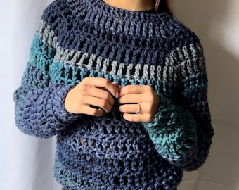 Blue Crochet Sweater - Chunky Ombre Jumper - Striped Raglan Pullover Sweater - Cute Handmade Accessory