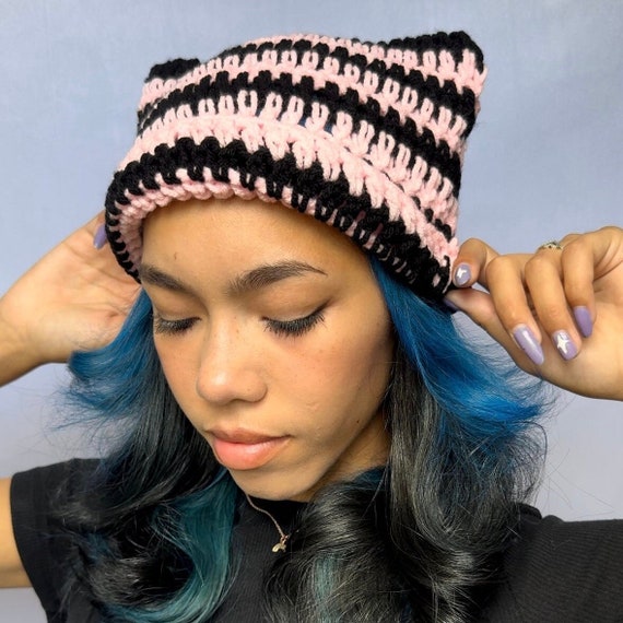 Crochet Striped Cat Ear Beanie: Black & Pink Kitty Hat  display picture 2