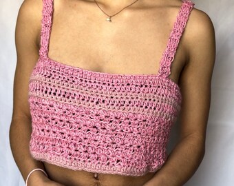 Pink Crochet Crop Top - Two-Toned Pink Crocheted Cropped Tank Top - Cute Handmade Accessory