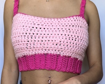 Pink Crochet Crop Top - Two-Toned Pink Crocheted Cropped Tank Top - Cute Handmade Accessory