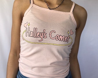 Pink Halley's Comet Fitted Tank - Billie Eilish Happier Than Ever Shirt - Womens White Fitted Crop Top - Billie Eilish Merch - Y2K Tank Top