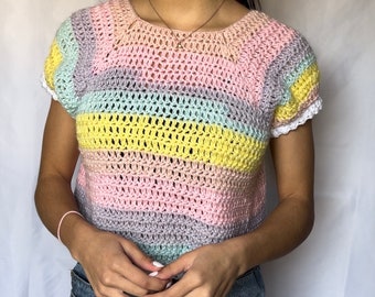 Rainbow Crochet Top - Soft Pastel Ombre Jumper - Striped Raglan Pullover Top - Cute Handmade Accessory