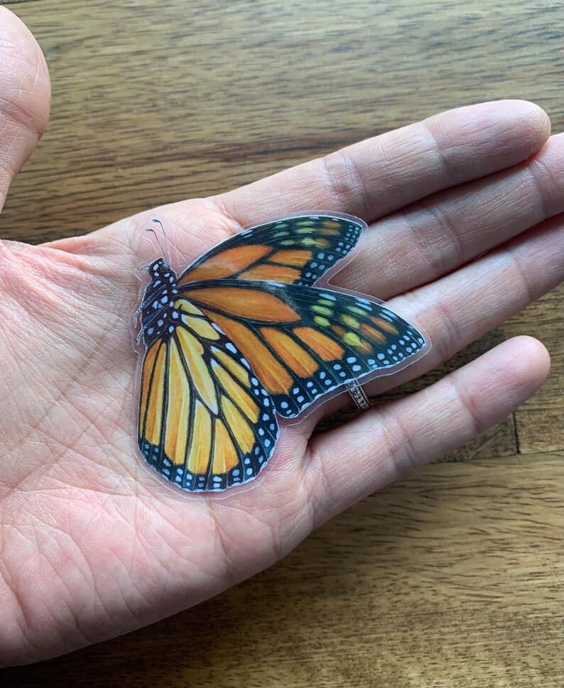 May include: A monarch butterfly sticker with orange, black, yellow, and white details. The sticker is a detailed illustration of the butterfly's wings and body. The sticker is held in a person's hand.