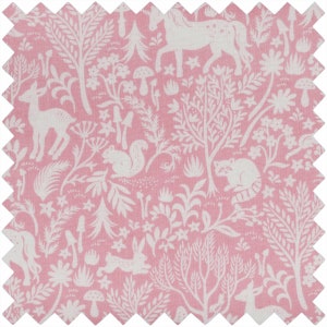 May include: Pink fabric with a white woodland pattern. The pattern includes deer, a squirrel, a raccoon, a rabbit, a unicorn, mushrooms, and trees.