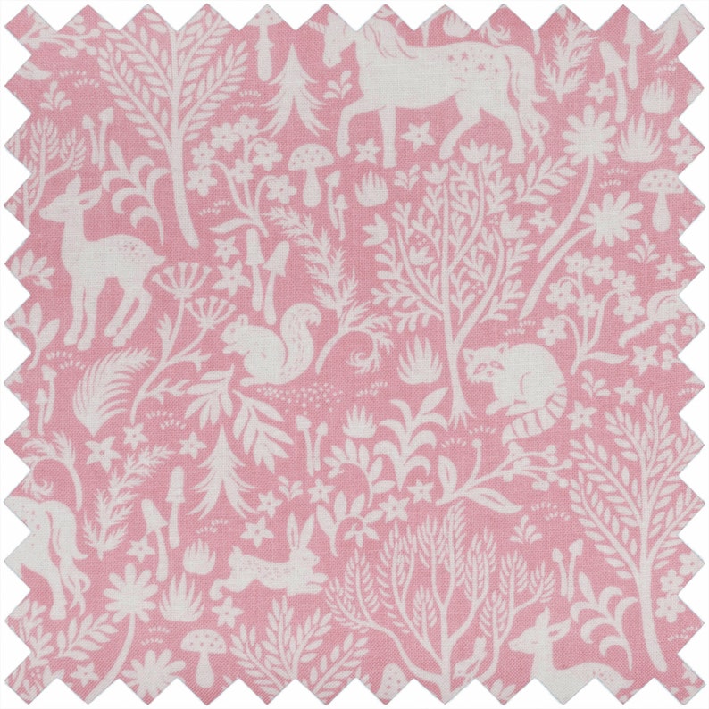 May include: Pink fabric with a white woodland pattern. The pattern includes deer, a squirrel, a raccoon, a rabbit, a unicorn, mushrooms, and trees.