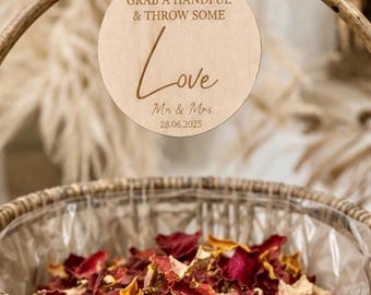 Wedding Confetti Basket Tag, Personalised Wooden Confetti Sign, Grab A Handful Throw Some Love, Engraved Wedding Basket Decoration