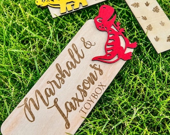 Personalised Toy Box Plaque | Door Corner Decor | Kids Wooden Bedroom & Nursery Decoration | Dinosaur, Giraffe, Fairy Designs