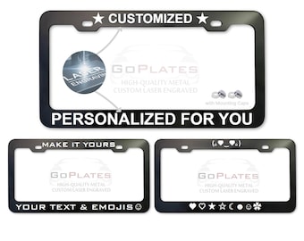 Cadre de plaque d'immatriculation noir personnalisé, métal gravé au laser, texte et logo personnalisés