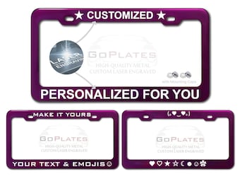 Custom PURPLE License Plate Frame, Laser Engraved Metal, Personalized Text & Logo