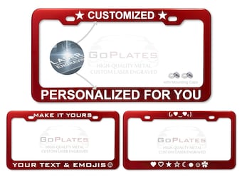 Cadre de plaque d'immatriculation ROUGE personnalisé | Métal gravé au laser | Texte, logo et emoji personnalisés | Cadre robuste pour étiquette de voiture
