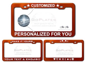 Custom Orange License Plate Frame, Laser Engraved Metal, Personalized Text & Logo