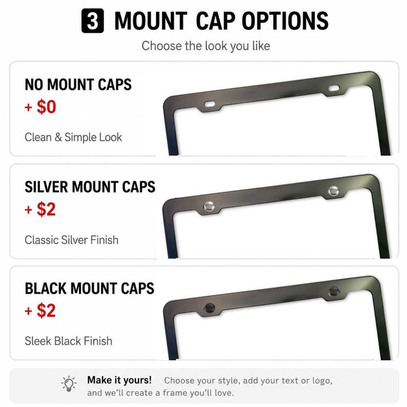 以下が含まれることがあります： ライセンスプレートフレームの3つのMOUNT CAP OPTIONSを示すグラフィック。オプションには、キャップなし、シルバーのキャップ、ブラックのキャップが含まれます。各オプションは、取り付け金具が見える黒い長方形のフレームで示されています。