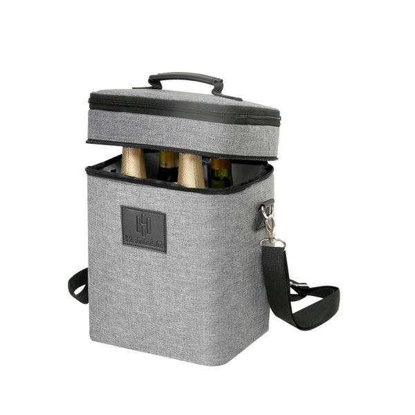 4 Bottle Wine Carrier, Gray, Waterproof and Leakproof Wine Tote Bag with Expandable Zipper, Insulated Champagne Cooler Purse