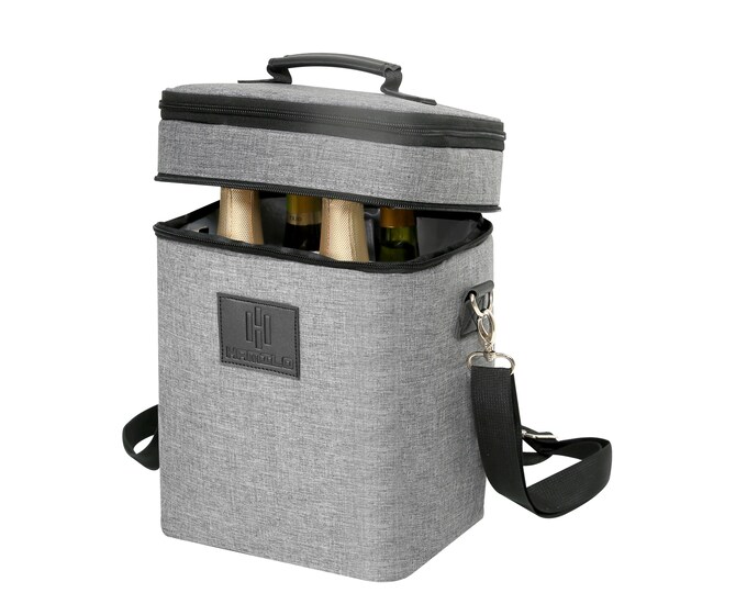 4 Bottle Wine Carrier, Gray, Waterproof and Leakproof Wine Tote Bag with Expandable Zipper, Insulated Champagne Cooler Purse