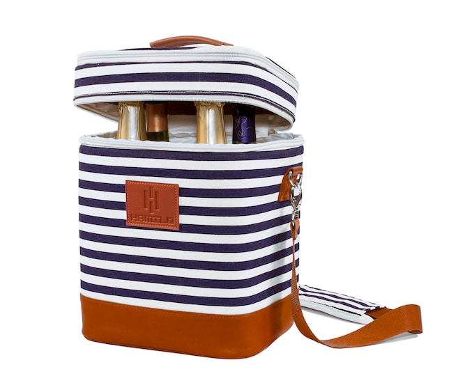 4 Bottle Wine Carrier, Blue Stripe, Waterproof, Leakproof Wine Tote Bag w/ Expandable Zipper and Padded Shoulder, Insulated Champagne Cooler
