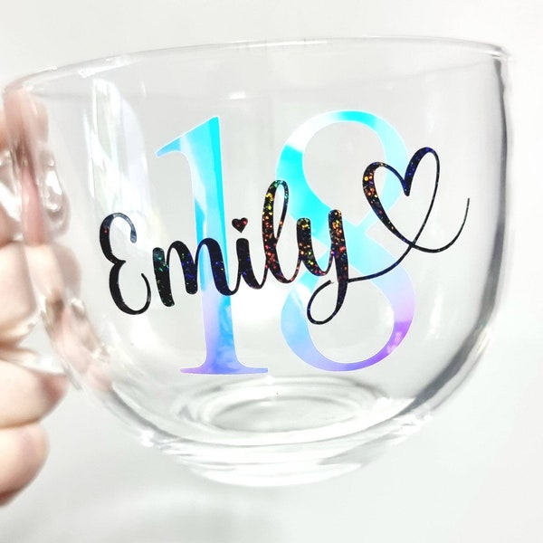 Personalised 18th Birthday Glass Coffee Mug/Cup Latte, Hot Chocolate, Present Gift For Her/Him, Girl, Women, Daughter, Son, Bestie, Age Cute