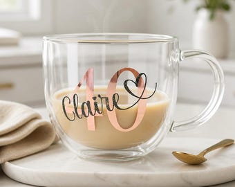 Personalised 40th Birthday Glass Mug, Coffee, Latte, Tea, Hot Chocolate Present, Gifts For Her Girl, Women, Mum, Best Friend, Sister, Auntie