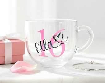 Personalised 16th Birthday Glass Mug, Coffee, Latte, Hot Chocolate Gift For Girls Boys Her Him, Daughter, Niece, Son, Best Friend Present