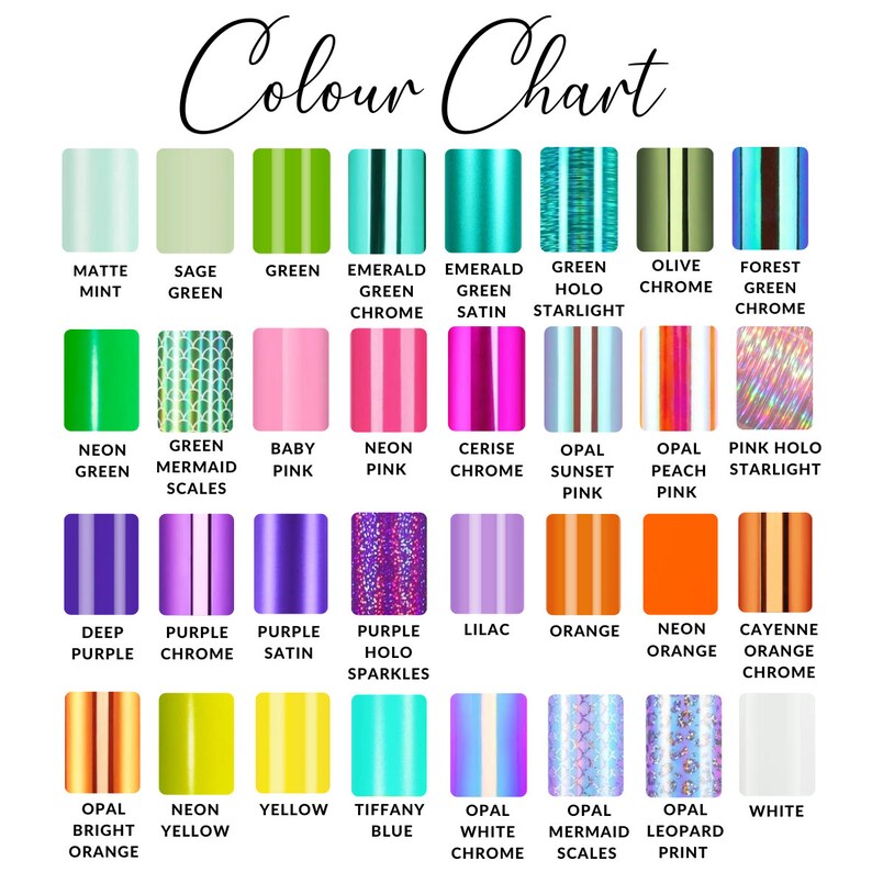 Puede incluir: Carta de colores que muestra diferentes tonos de esmalte de u&ntilde;as verde, rosa, morado, naranja, amarillo y azul. La carta incluye varios acabados, como mate, cromado, hologr&aacute;fico y brillo.