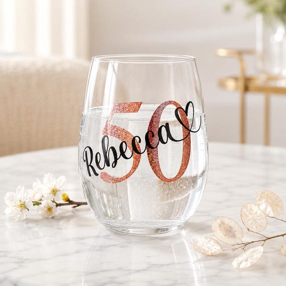 Personalised 50th Birthday Glass Tumbler Vodka Stemless Wine Glass With Gift Box Present For Her Women Best Friend, Mum, Nan, Sister, Auntie