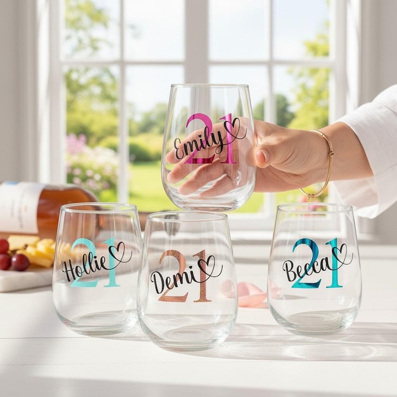 May include: Stemless wine glasses with names and the number 21 in different colours. One glass is held by a person. The names include Emily, Hollie, Demi, and Beeca. A bottle of wine and cheese are in the background.