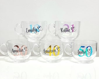 Personalised Birthday Glass Coffee Mug/Cup Hot Chocolate Latte Present Gift For Her Girl Women Milestone 18th 21st 30th 40th 50th 60th 70th
