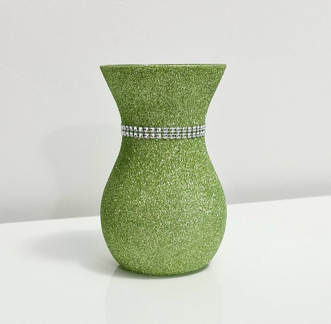Light Sage Green Glitter Flower Bouquet Glass Vase Wedding Etsy