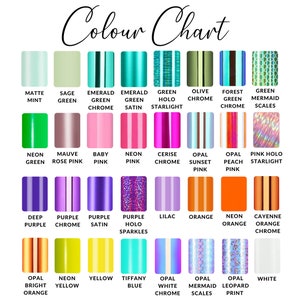 May include: Color chart with 36 different colors of nail polish. The colors are arranged in rows and columns, and each color has a name written below it. The colors include matte mint, sage green, emerald green chrome, emerald green satin, green holo starlight, olive chrome, forest green chrome, green mermaid scales, neon green, mauve rose pink, baby pink, neon pink, cerise chrome, opal sunset pink, opal peach pink, pink holo starlight, deep purple, purple chrome, purple satin, purple holo sparkles, lilac, orange, neon orange, cayenne orange chrome, opal bright orange, neon yellow, yellow, tiffany blue, opal white chrome, opal mermaid scales, opal leopard print, and white.