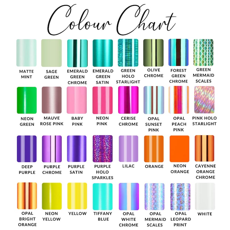 May include: Color chart with 36 different colors of nail polish. The colors are arranged in rows and columns, and each color has a name written below it. The colors include matte mint, sage green, emerald green chrome, emerald green satin, green holo starlight, olive chrome, forest green chrome, green mermaid scales, neon green, mauve rose pink, baby pink, neon pink, cerise chrome, opal sunset pink, opal peach pink, pink holo starlight, deep purple, purple chrome, purple satin, purple holo sparkles, lilac, orange, neon orange, cayenne orange chrome, opal bright orange, neon yellow, yellow, tiffany blue, opal white chrome, opal mermaid scales, opal leopard print, and white.