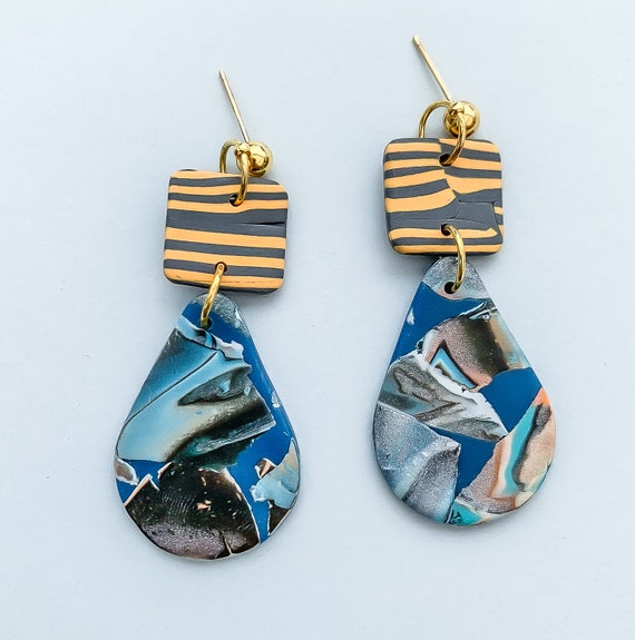 The Shimmer Collection Polymer Clay Drop Earrings Handmade Clay Dangle Earrings Gold Dangles Black