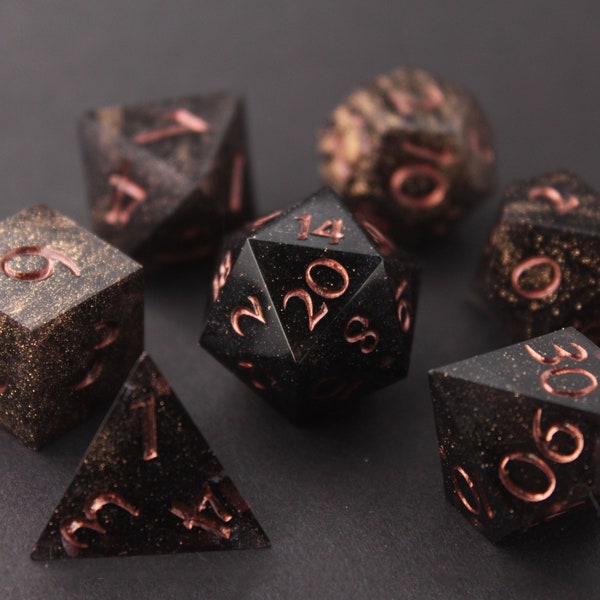 BRONZE SPARKLE | sparkly dice set | Handmade Sharp Edge Dice for Tabletop RPG