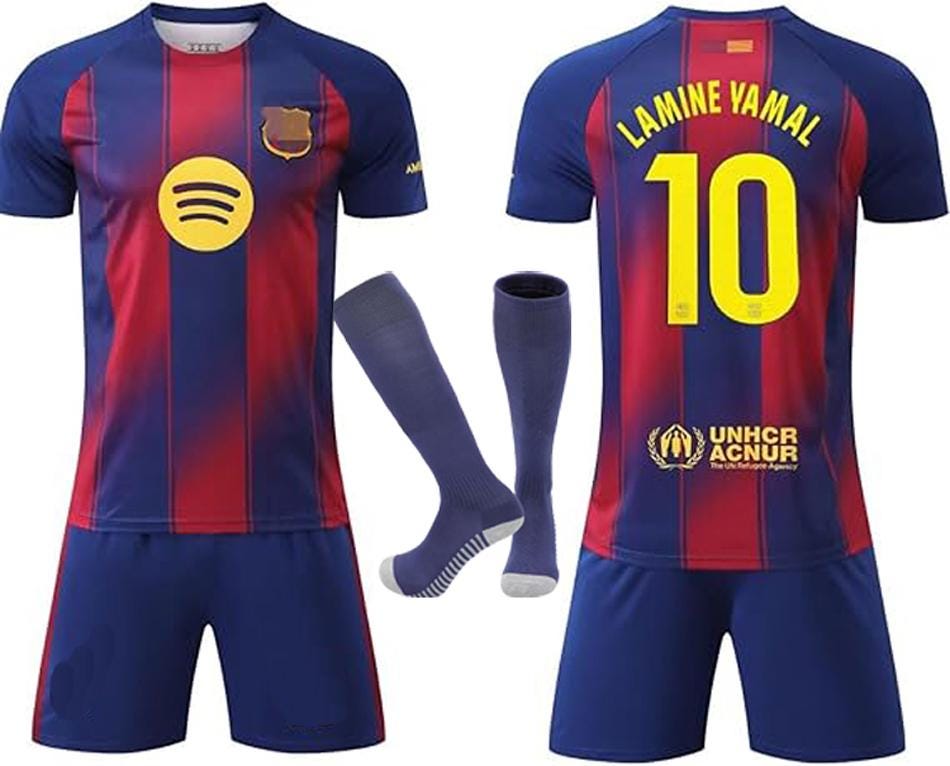 Barca 25/26 Lamine Yamal Home Kids Soccer Jersey Football Kit, Kids Jersey and Sock Set, Soccer Jersey, Football Jersey