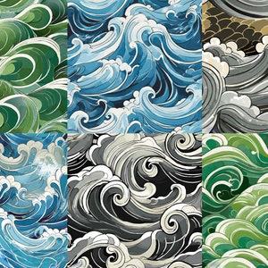 May include: Six different seamless patterns featuring stylized waves in various shades of blue, green, and gray. The patterns are perfect for creating backgrounds, wrapping paper, or fabric designs.