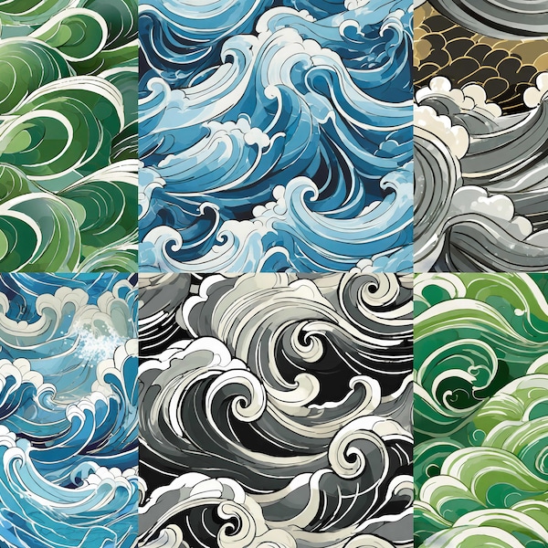 Pack of 12 Seemless Japanese style waves, Seamless digital paper tile pattern, instant download