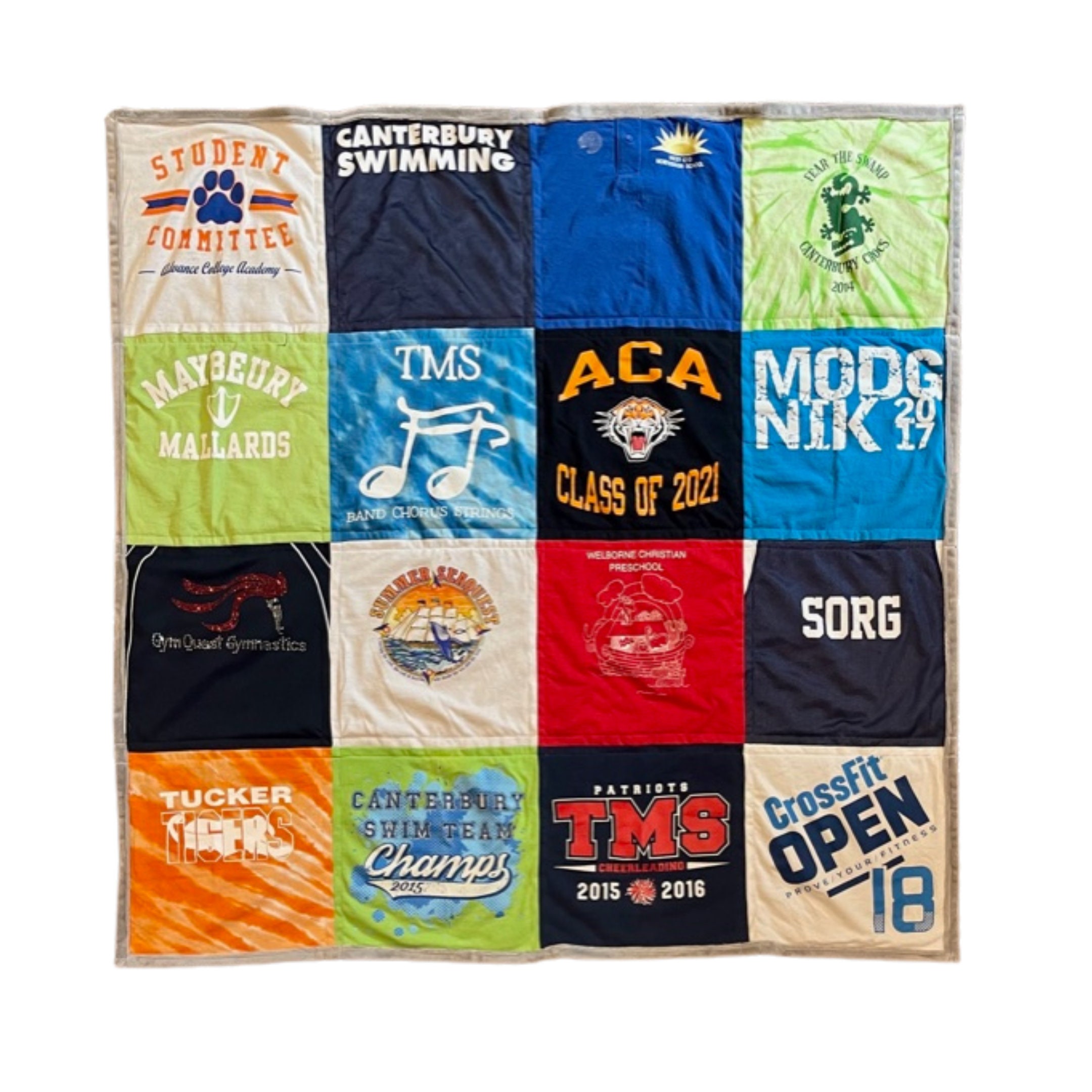 Customizable T-shirt Memory Quilt QUEEN SIZE 42 Squares 7ft by 6ft 12x12  Squares Poly Batting Cotton Backing-you Pick the Color 