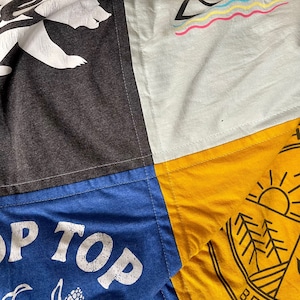 Detail view of quilting stitch on the border of each block of the T Shirt Blanket. #TshirtQuilt
#TshirtBlanket
#QuiltedMemories
#UpcycledQuilt
#CustomQuilt
#MemoryQuilt
#HandmadeQuilt
#QuiltedGift
#CollegeQuilt
#HomeDecor
#CozyBlanket
#SewingProjects