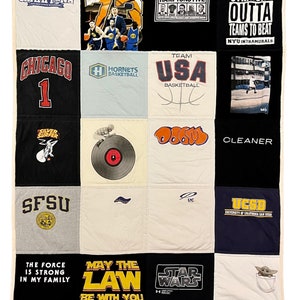 Finished T- Shirt Quilt with Customer Designed layout option and Cream Minky Backing. Tshirt quilt
Custom T-shirt quilt
T-shirt blanket
Memory quilt
Personalized T-shirt quilt
T-shirt quilt gifts
T-shirt quilt for college
Handmade T-shirt quilt
