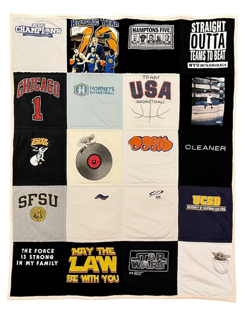 Finished T- Shirt Quilt with Customer Designed layout option and Cream Minky Backing. Tshirt quilt
Custom T-shirt quilt
T-shirt blanket
Memory quilt
Personalized T-shirt quilt
T-shirt quilt gifts
T-shirt quilt for college
Handmade T-shirt quilt