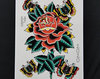 Rose and Butterfly Traditional Tattoo Print