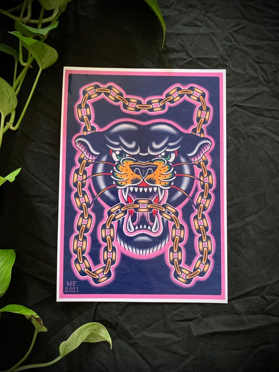 Panther Gold Chain Traditional Tattoo Flash Print 