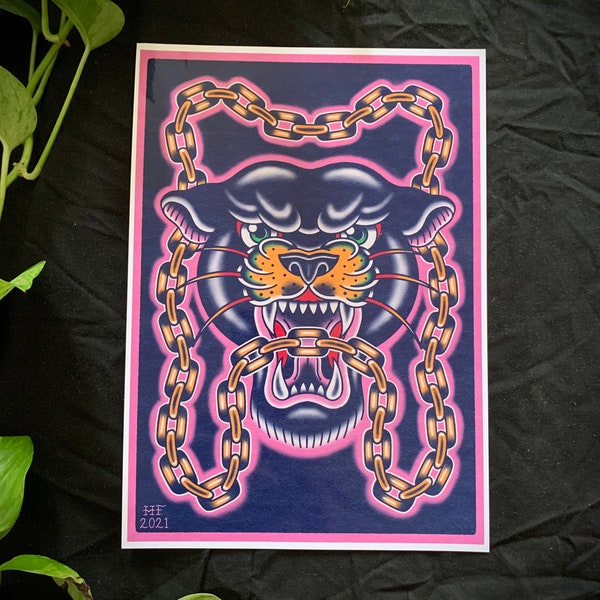 Panther Gold Chain Traditional Tattoo Flash Print