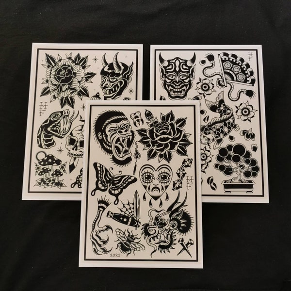 SET OF 3 DEAL Blackwork Bold Traditional Tattoo Prints