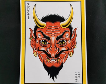 Red Devil Traditional Tattoo Print Flash