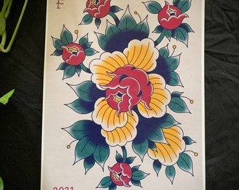 Japanese Peony Floral Flower Bold Colour Traditional Tattoo Print